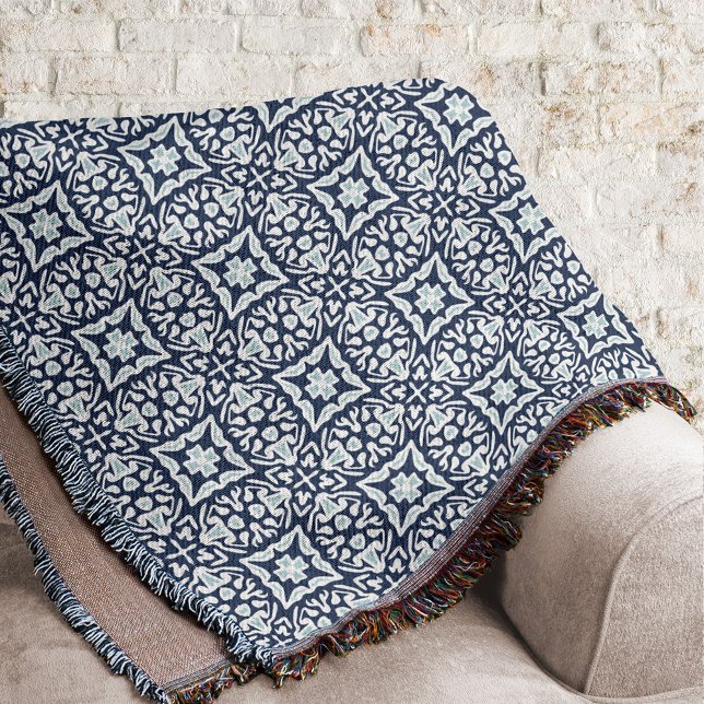 Navy and White Mediterranean Tile Pattern Throw Blanket (Creator Uploaded)