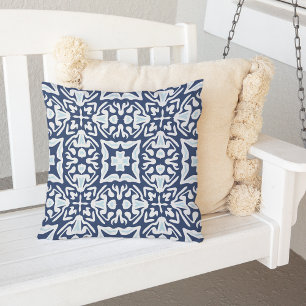 Navy and White Mediterranean Tile Pattern Throw Pillow