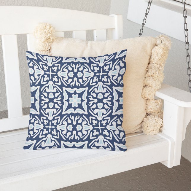 Navy and White Mediterranean Tile Pattern Throw Pillow (Creator Uploaded)