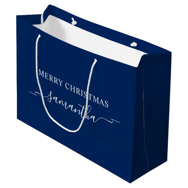 Navy and White Merry Christmas Ribbon Swash Name Large Gift Bag (Front Angled)