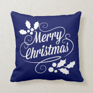 Navy and White Merry Christmas Script Typography Throw Pillow