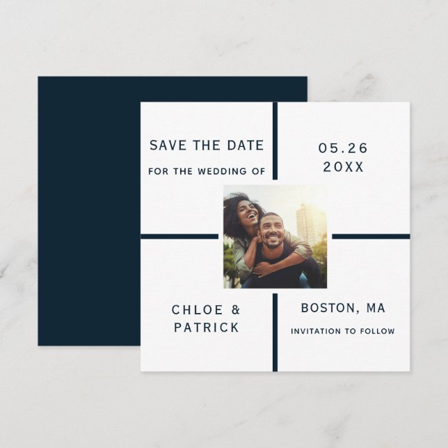 Navy and White Modern Wedding Photo Save The Date (Front/Back)