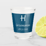 Navy and White Mongram Groomsman Shot Glass<br><div class="desc">Navy and white groomsman gift.
Monogram in white can be personalized to your wedding party.
Date of the event can be personalized.
A perfect way to say thank you.</div>