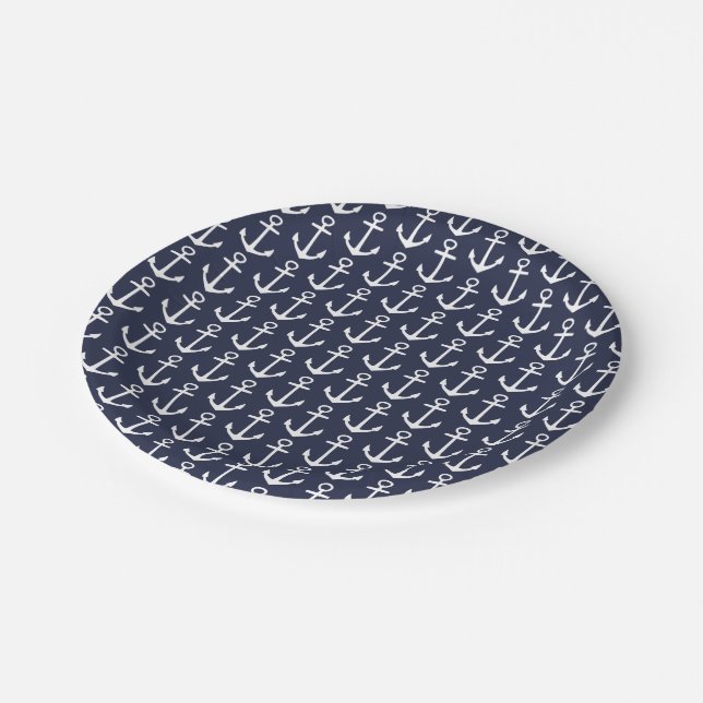 Navy and White Nautical Anchor Paper Plate (Angled)