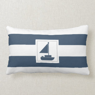 Navy and White Nautical Stripe with Sailboat Lumbar Pillow