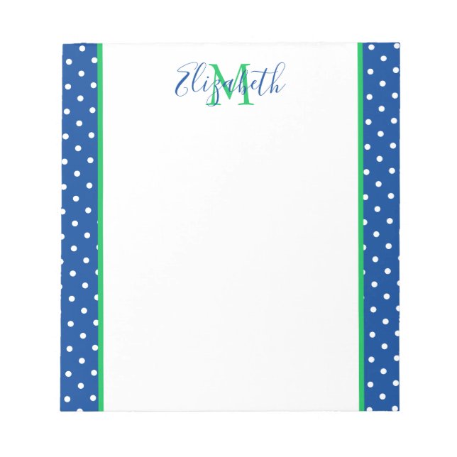 Navy and White Polka Dot With Green Monogram Notepad (Front)