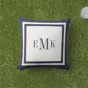 Navy and White Preppy Ribbon Dots Custom Monogram Throw Pillow