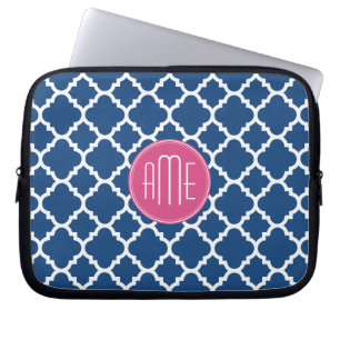 Navy and White Quatrefoil Pattern Custom Monogram Laptop Sleeve