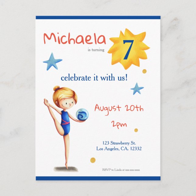 Navy and white rhythmic gymnastics girl with ball invitation postcard (Front)
