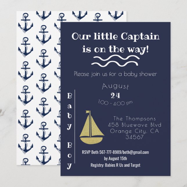 Navy and White Sailboat and Anchor Baby Boy Invitation (Front/Back)