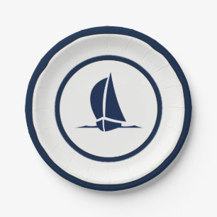 Navy and White Sailboat Paper Plate