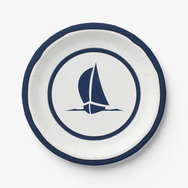 Navy and White Sailboat Paper Plate (Front)