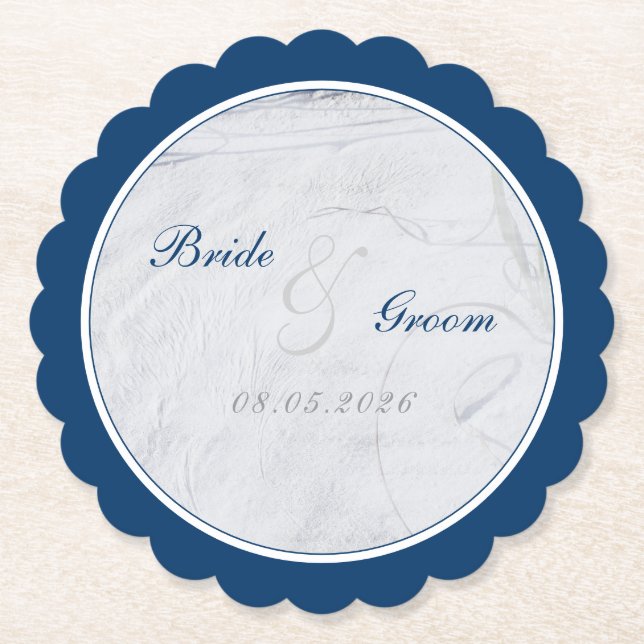 Navy and White Sandy Beach Wedding Paper Coaster (Front)
