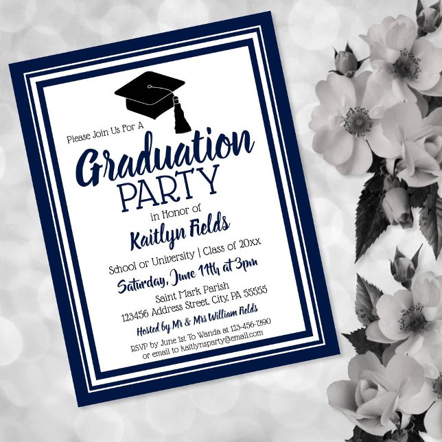 Navy and White School Colours Grad Party Invitation Postcard (Creator Uploaded)