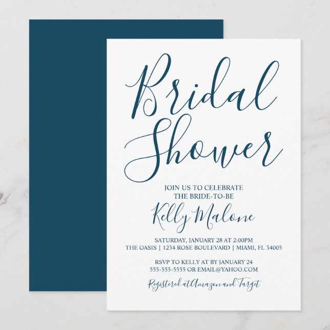 Navy and White Script Bridal Shower Invitation (Front/Back)