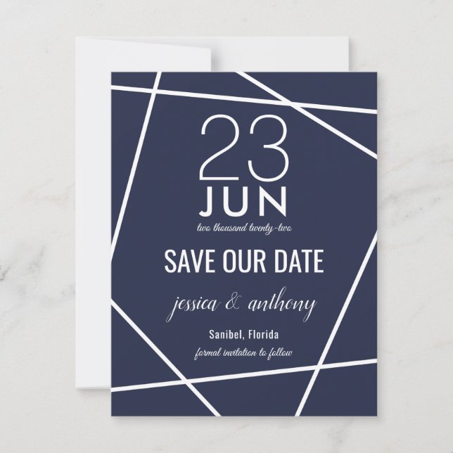 Navy and White Simple Geometric Save the Date (Front)