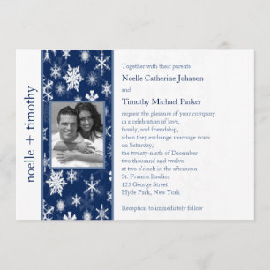 Navy and White Snowflakes Photo Wedding Invitation