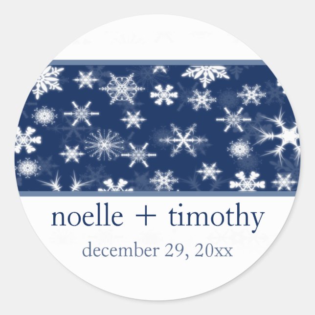 Navy and White Snowflakes Wedding Sticker (Front)