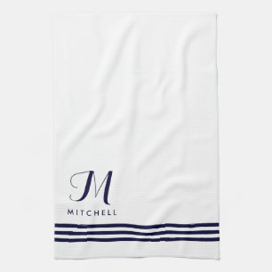 Navy and White Sophisticated Stripes and Monogram Kitchen Towel