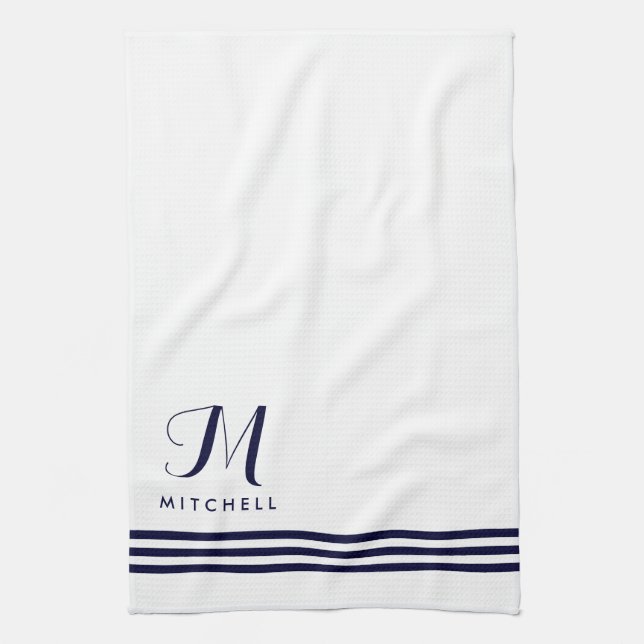 Navy and White Sophisticated Stripes and Monogram Kitchen Towel (Vertical)
