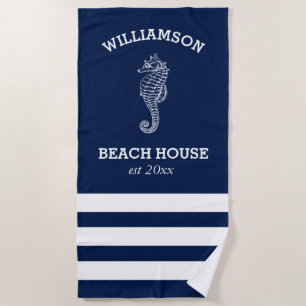 Navy and White Stripe Beach House Seahorse Beach Towel