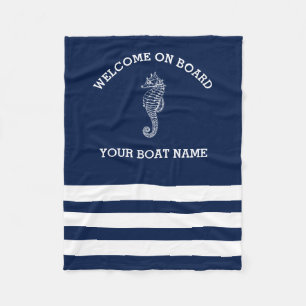 Navy and White Stripe Personalized   Boat Name Fleece Blanket