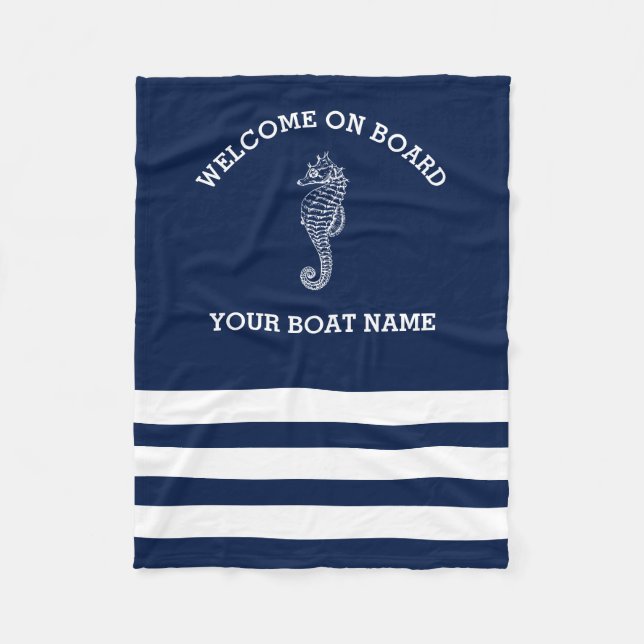 Navy and White Stripe Personalized | Boat Name Fleece Blanket (Front)