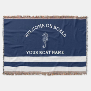 Navy and White Stripe Personalized   Boat Name Throw Blanket