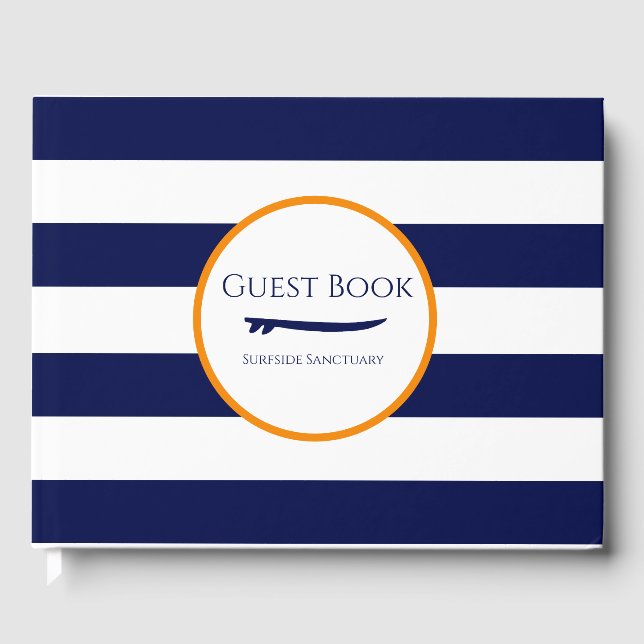 Navy and White Stripe Surf Design Vacation Rental Guest Book (Front)