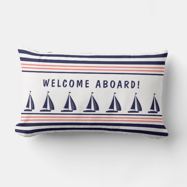 Navy and White Striped Nautical Welcome Aboard Lumbar Pillow (Front)