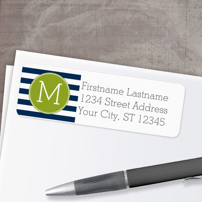 Navy and White Striped Pattern Green Monogram (Personalized Return Address Label)