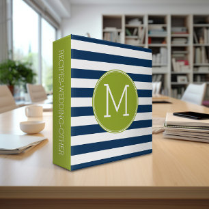 Navy and White Striped Pattern Green Monogram Binder