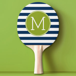 Navy and White Striped Pattern Green Monogram Ping Pong Paddle