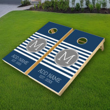 Navy and White Striped Pattern Grey Monogram