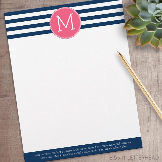 Navy and White Striped Pattern Hot Pink Monogram Letterhead (Personalized Letterhead )