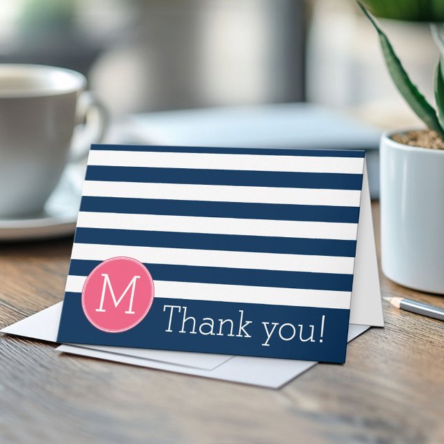 Navy and White Striped Pattern Hot Pink Monogram Thank You Card (Custom Greeting Card)