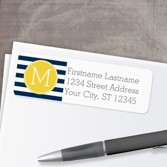 Navy and White Striped Pattern Yellow Monogram (Personalized Return Address Label)