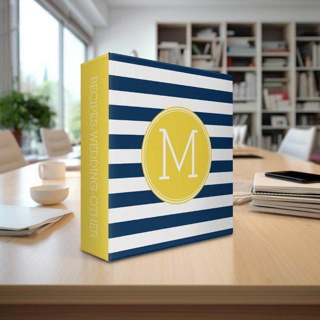 Navy and White Striped Pattern Yellow Monogram Binder (Personalized 3-ring binder - Add Your Name and Other Text)