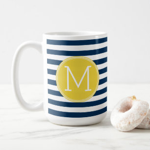 Navy and White Striped Pattern Yellow Monogram Coffee Mug
