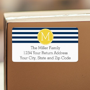 Navy and White Striped Pattern Yellow Monogram Label