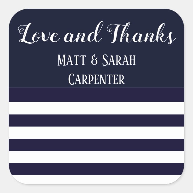 Navy and White Striped Wedding Thanks Stickers (Front)