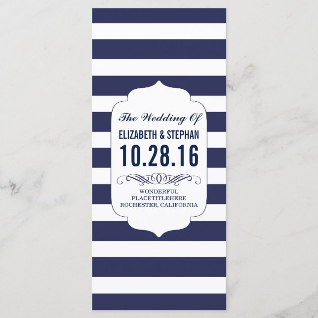 Navy and white stripes chic wedding programs (Front)