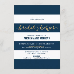 Navy and White Stripes Gold Glitter Bridal Shower Invitation