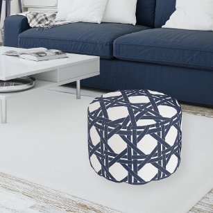 Navy and White Summer Rattan Basketweave Pattern Pouf
