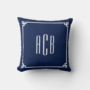 Navy and White Three Letter Monogram Greek Key Throw Pillow