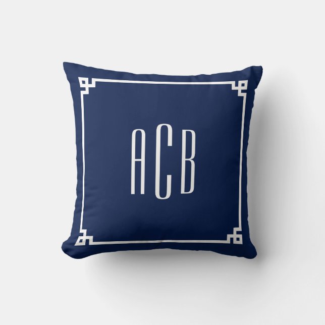 Navy and White Three Letter Monogram Greek Key Throw Pillow (Front)