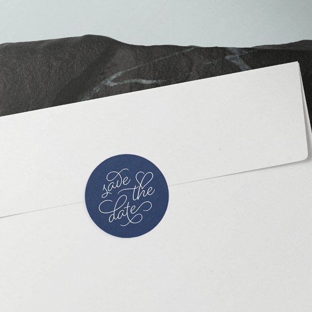 Navy and White Typography Save the Date Classic Round Sticker (Creator Uploaded)