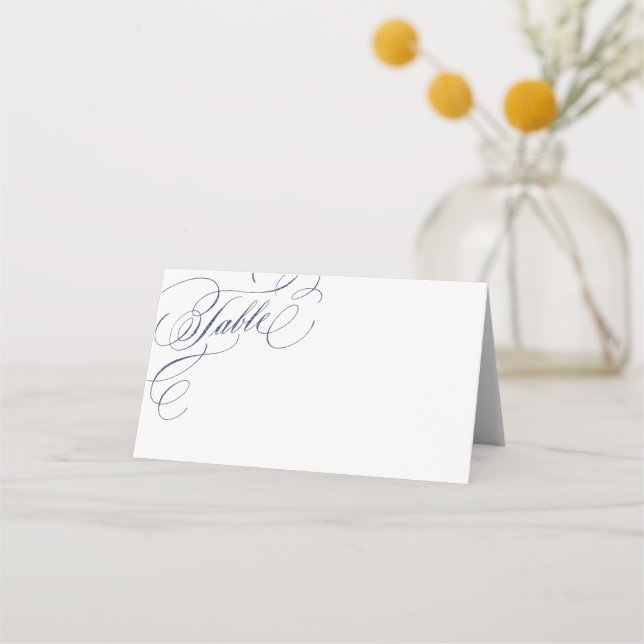 Navy and white vintage calligraphy wedding place card (Front)