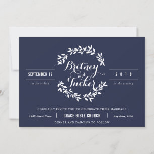 Navy and White Vintage Wreath Wedding Invitation