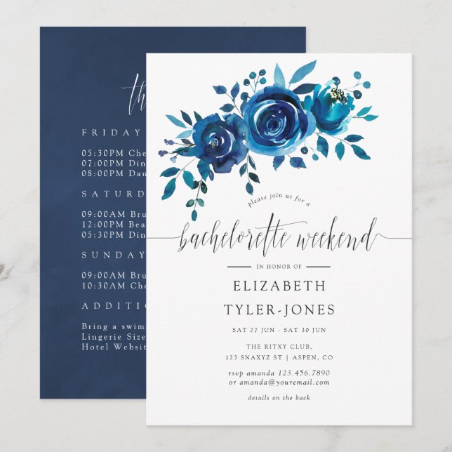 Navy and White Watercolor Bachelorette Weekend Invitation (Front/Back)